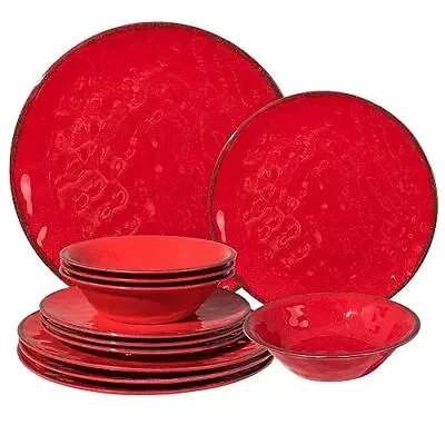 Buy Rustic Melamine Plates And Bowls Set, 12 Piece Farmhouse Dinnerware Sets Red • 58.64£