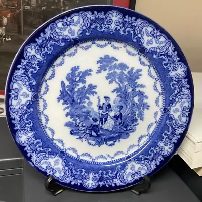 Buy Antique Doulton Watteau Flow Blue & White Lady & Gent  Plate 10in Diameter • 15£