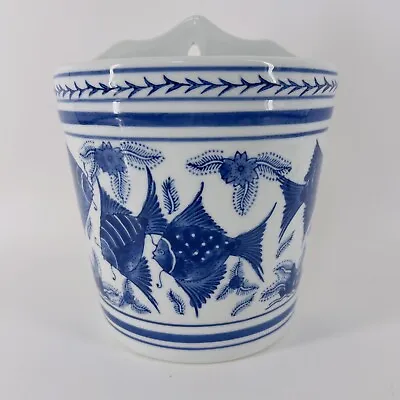 Buy 1980s Chinoiserie Floral Blue And White Decor Wall Pocket Planter • 33.36£