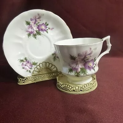 Buy TEA CUP AND SAUCER - Royal Windsor Bone China Purple Flowers & Gold Trim - MINT • 4.88£