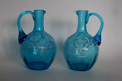 Buy PAIR Of Antique Turquoise Blue Optic Jugs With Hand Painted Decoration & Pontil • 34.95£