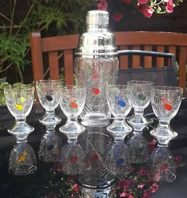 Buy Rare Stuart & Sons Art Deco Enamelled Spider Butterfly Cocktail Shaker Glasses  • 460£