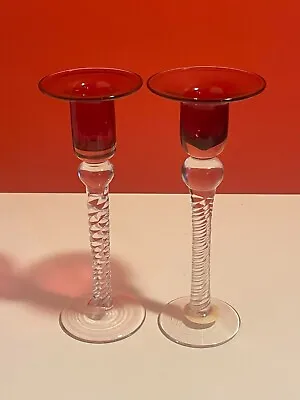 Buy Bristol Red Candle Stick Holders, Set Of 2 With Swirl Stem, Signed, Vintage • 31.34£