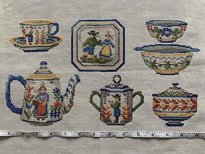 Buy Completed Finished Cross Stitch French Quimper Pottery Design On Linen Colourful • 35.90£