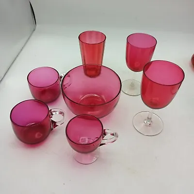Buy 7 Antique Victorian Cranberry Glass Item Wine Custard Tumbler Glasses Sugar Bowl • 24.99£