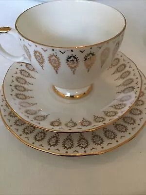 Buy Queen Anne Bone China Cup, Saucer & Side Plate. White And Gold Filigree VGC • 7.99£