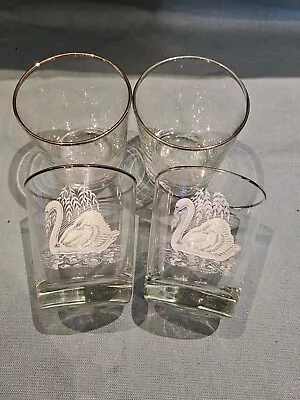 Buy Vintage 1970s Set Of 4 White Swan Decorated Gold Rim Whiskey Tumbler Glasses GC • 13.99£