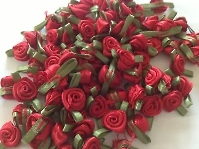 Buy Small Mini Satin Ribbon Rose Buds Flowers With Satin Green Leaves Applique Craft • 1.99£