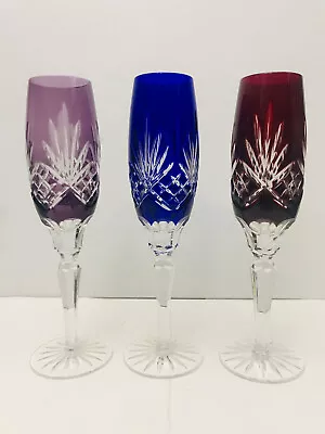 Buy AJKA Crystal Hungary Red, Cobalt & Amethyst Cut To Clear Champagne Flutes Cups 3 • 140.22£