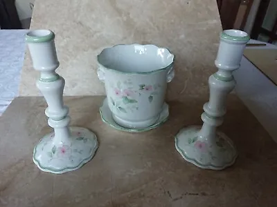 Buy Royal Winton Pair Of Candlesticks And Pot /Saucer Floral Green And Pink Pattern • 19.99£