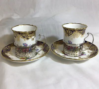 Buy 1973 Solid Silver 2 Cup Holders & Hammersley Fine China Demi Tasse Cups Saucers* • 195£