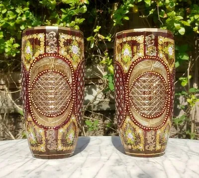 Buy C1910 Antique Bohemian Czech Cranberry Red Hand Painted Enamel Cut Glass Vases • 275£