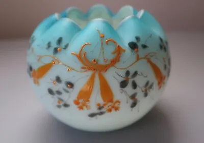 Buy Antique Victorian Glass Crimped Rose Bowl 3.75  Vase Blue Satin Cased Hand Paint • 39.78£