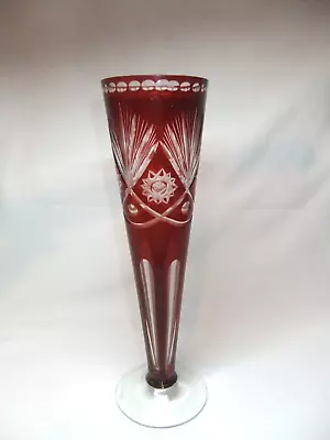 Buy Vintage Glass Flower Footed Vase Bohemian Czech Ruby Cranberry Red Cut To Clear • 24.99£