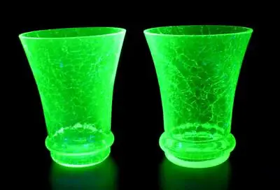 Buy 2 Stunning Vintage Art Deco Uranium Green Crackle Glass Tumbler Glasses • 35.99£