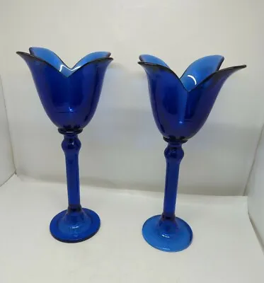 Buy Cobalt Glass Tall Candle Holders With Tulip Petal Fluted Edge Blue Set Of 2 13  • 30.31£