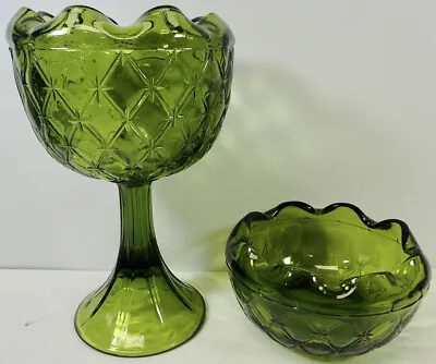 Buy Set Of (2) Vintage Green Depression Glassware Matching Pedestal & Regular Bowls • 27.21£