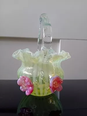 Buy Antique Stourbridge Victorian Vaseline Glass Applique Flowers Basket Vase  • 40£