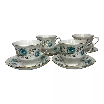 Buy Ridgway Potteries Queen Anne Set Of 4 Cups And Saucers Blue Roses Bone China • 17.99£