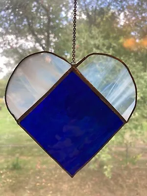 Buy  Handcrafted Leaded Heart Stained Glass Suncatcher Ornament Blue White 5 Inches • 14.48£