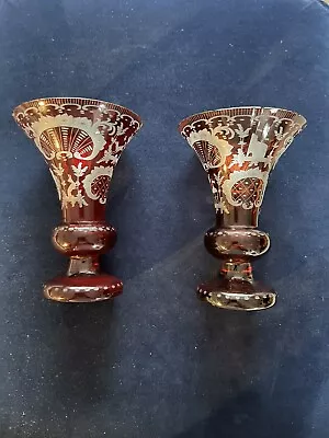 Buy Stunning Bohemian Cranberry Crystal Glass Hunting Scene Pair Of Trumpet Vases • 50£