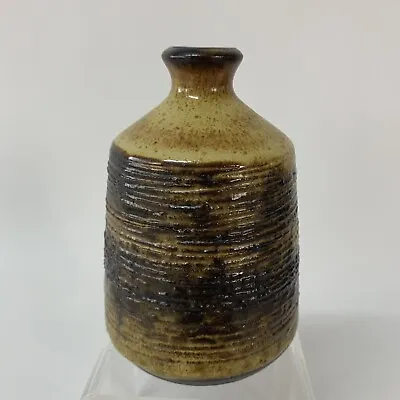 Buy Llangollen Wales Handthrown Pottery Stamp Mark Brown Tan Glaze Ribbed Vase 4.25” • 14.41£