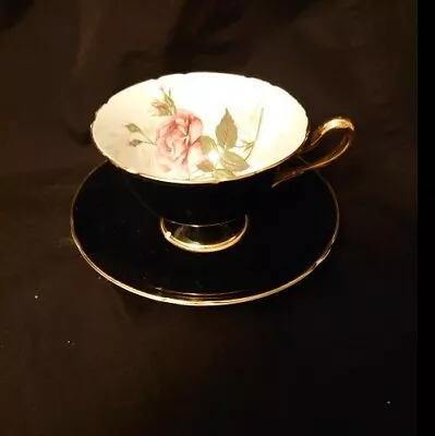 Buy Vintage Shelley Tea Cup & Saucer Bone China Cabbage Rose Black Fluted SMALL CHIP • 16.95£
