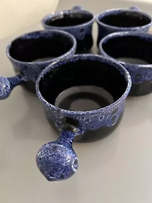 Buy Vintage Tintagel Avalon Pottery Cobalt Blue Broth Bowl Mugs Soup Handle Set 5 • 38.55£