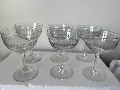 Buy SET OF SIX ETCHED ANTIQUE EDWARDIAN CHAMPAGNE GLASSES COUPES +see Details+ • 44.99£