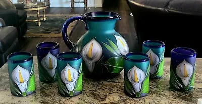 Buy COBALT BLOWN GLASS MEXICAN PITCHER SET 7 PIECE Hand Painted LILY 6 TUMBLERS  #B3 • 137.73£