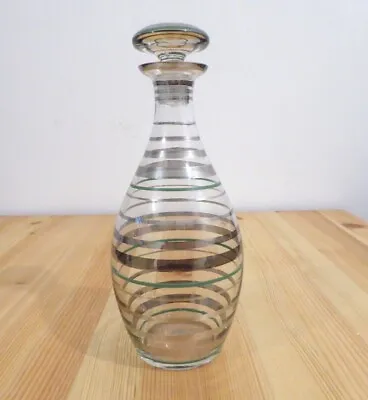 Buy Vintage Glass Decanter With Stopper Clear Glass With Green And Silver Stripes • 14.99£