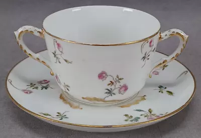 Buy GDM Limoges Hand Colored Pink Rose & Gold Bouillon Cup & Saucer C.1882-1900 B • 47.95£