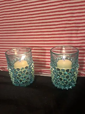 Buy Antique Early Victorian Doyle Hobnail  Light Blue Glass Candle Holders • 36.11£