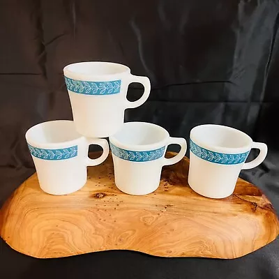 Buy 4 Vintage Pyrex Decor Corning Tableware Turquoise Teal Laurel Leaf Coffee Mugs • 32.24£