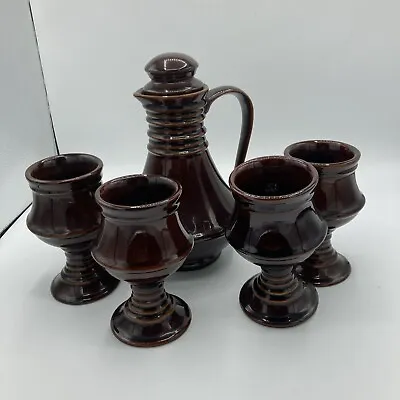 Buy Beautiful Vintage Denmead Pottery Brown Glazed Tall Jug With 4 Goblets • 35£