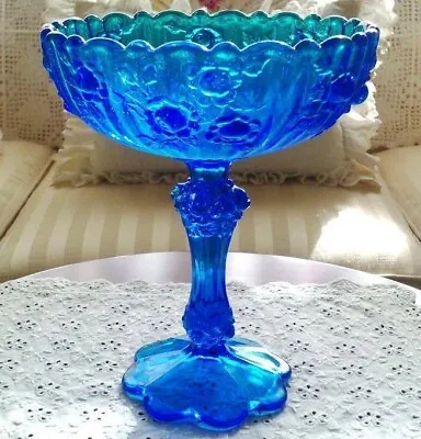 Buy Fenton Art Glass Colonial Blue ROSE  Cabbage Rose  High Footed Compote / Comport • 24.33£