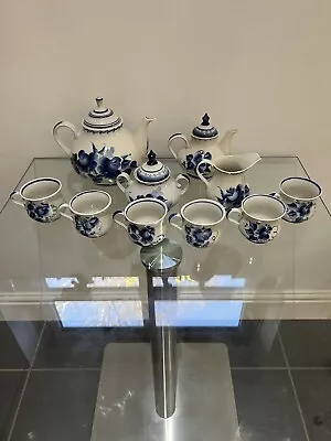 Buy Russian Tea Set With Two Teapots Sugar Bowl Cream Jug 6 Tea Cups Blue And White • 49.99£