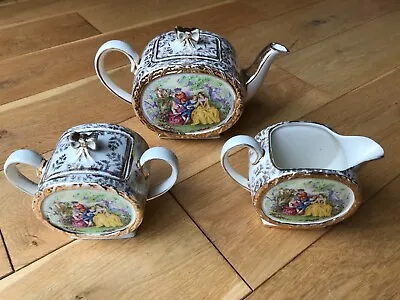 Buy Sadler Courting Couples Pattern Gilt Edged Teapot Milk Jug & Lidded Sugar Bowl • 10£