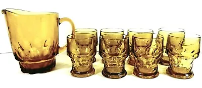 Buy Amber Glass Pitcher Beverage Glasses 9 Piece Set Thumbprint Honeycomb 1970's Era • 38.31£