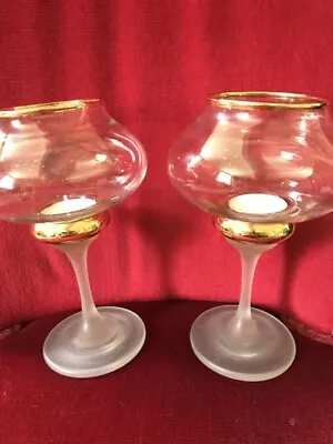 Buy Pair Stemmed Bowl Smoked And Clear Glass Candle Holders • 12.50£