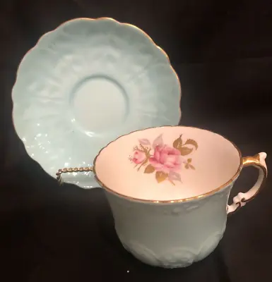 Buy Aynsley Fine Bone China Teacup & Saucer -Blue Cup W Gold Pink Flower-ENGLAND • 17.87£
