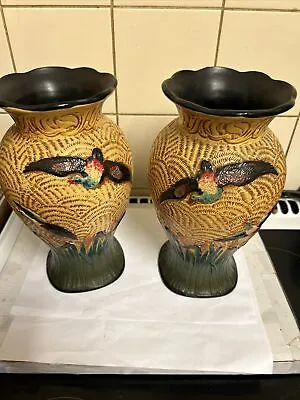 Buy Pair Of Art Deco 801 Sylvac Rare Shaw & Copestake Wild Ducks Yellow Orange Vases • 70£