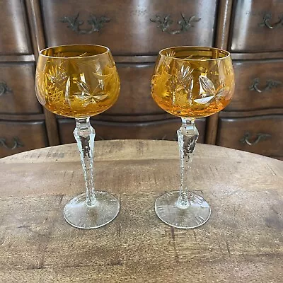 Buy 2 Vtg Ajka Gold Amber Hock Wine Glasses 7.75” Cut To Clear Bohemian Czech Glass • 149.60£