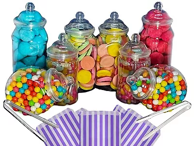 Buy 8 Assorted Plastic Sweet Jars 2 Tongs 50 Bags TWO STYLES OF LID Candy Buffet • 14.24£