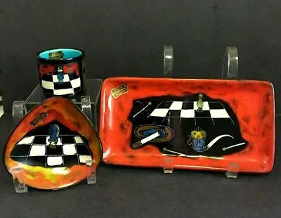 Buy MCM Ceramic & Leather Dish Set Fantoni STYLE  3 Piece Set  Chess Theme • 28.82£
