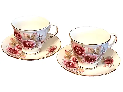 Buy Pair Of Queen Anne Bone China Tea Cups & Saucers In Pattern 8619 - Pink Roses • 20£