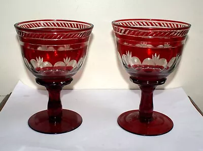 Buy Two Vintage Bohemian Style Ruby Red Cut To Clear Glass Goblets Large Cups • 65£