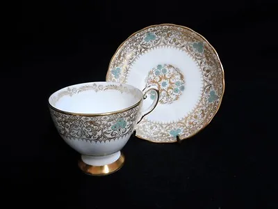 Buy Vintage ROYAL TUSCAN CUP & SAUCER - Turquoise Flowers, Gold Leave Scroll & Band • 42.67£