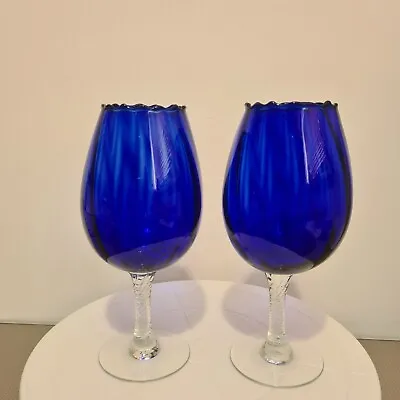 Buy 2 Cobalt Blue Glasses Optic Empoli Wine Snifter Hand Blown Clear Twisted Stem  • 12.99£