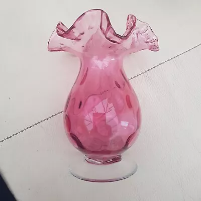 Buy Beautiful Vintage  Art Glass Footed Cranberry Ruffled Coin Dot Vase • 22.99£